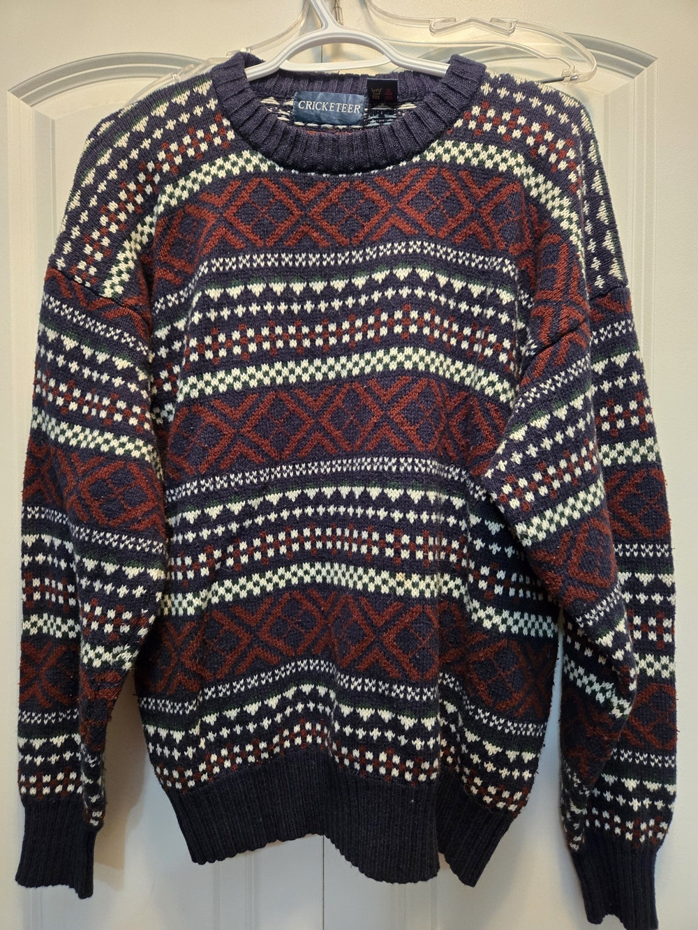 Vintage Cricketeer Men's Navy and Red Patterned Crewneck Sweater